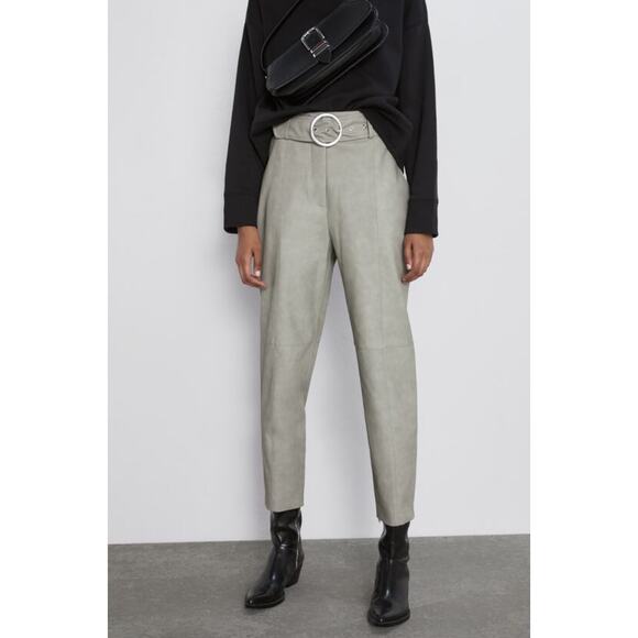 ZARA Olive Green Belted Waist Faux Leather High Rise Cropped Pants w/ Pockets M - Picture 1 of 8